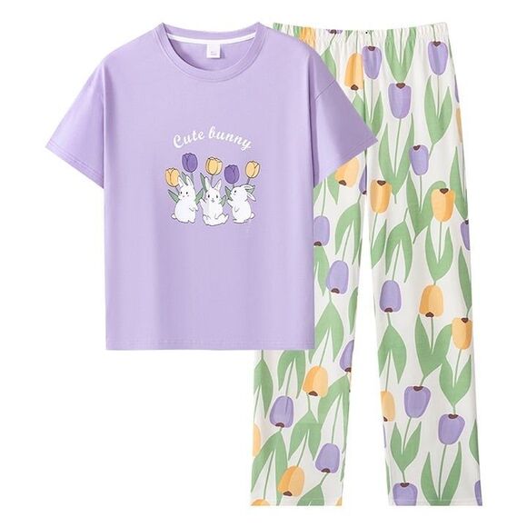 100% Cotton Women Pajama Set Short Sleeve Pullover Top Soft Purple S M L - Picture 1 of 10